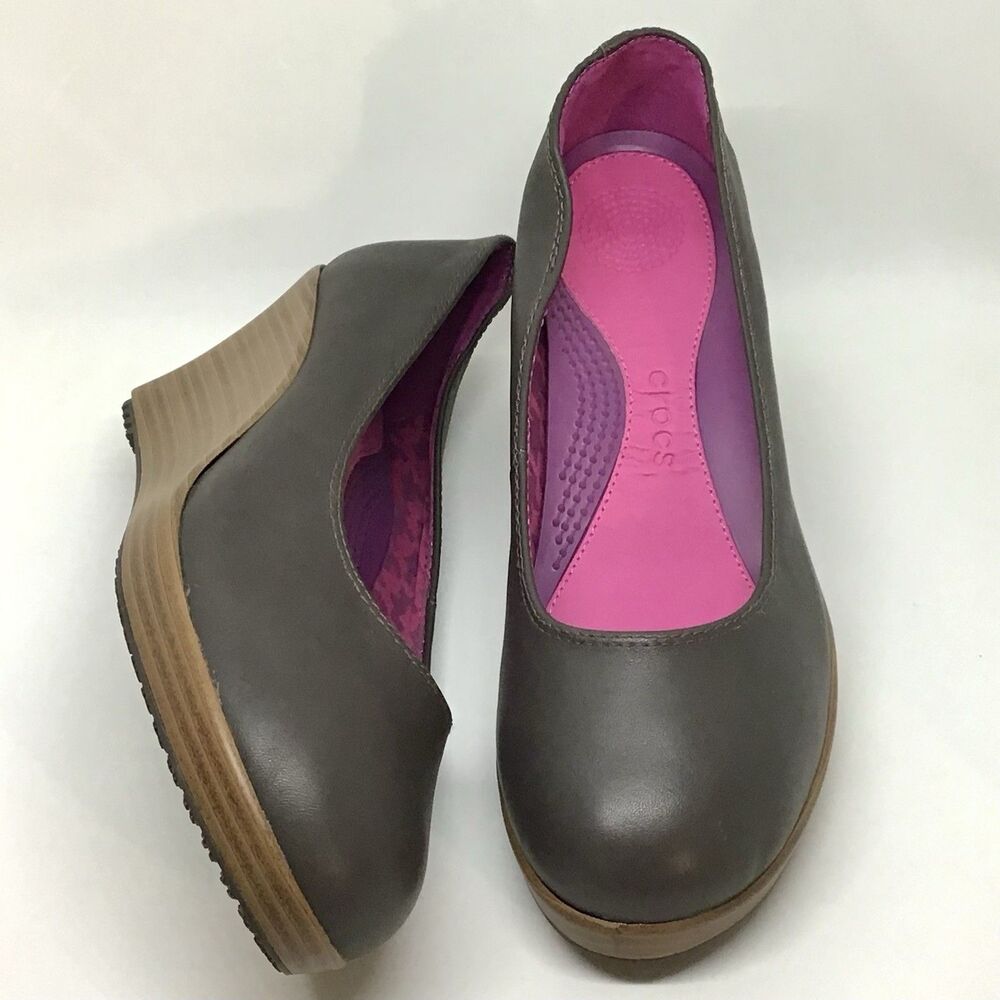 Crocs Wedge Heels Women 8.5 A-Leigh Brown Leather Closed Toe SlipOn Shoes